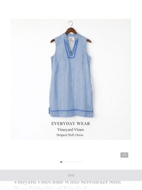 Vineyard Vines Blue White Seersucker Shift Dress Embroidered Trim Sz 8